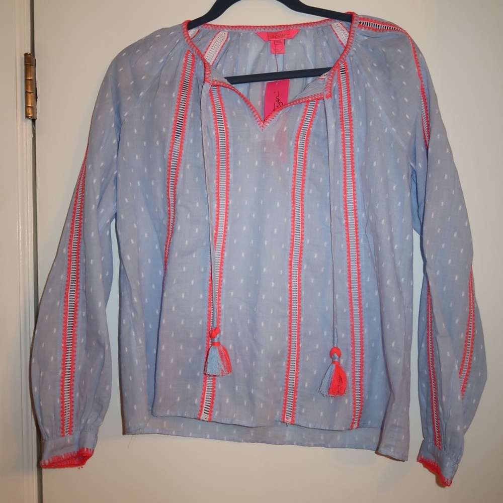 Lilly Pulitzer Light Blue Blouse with Pink Tassels